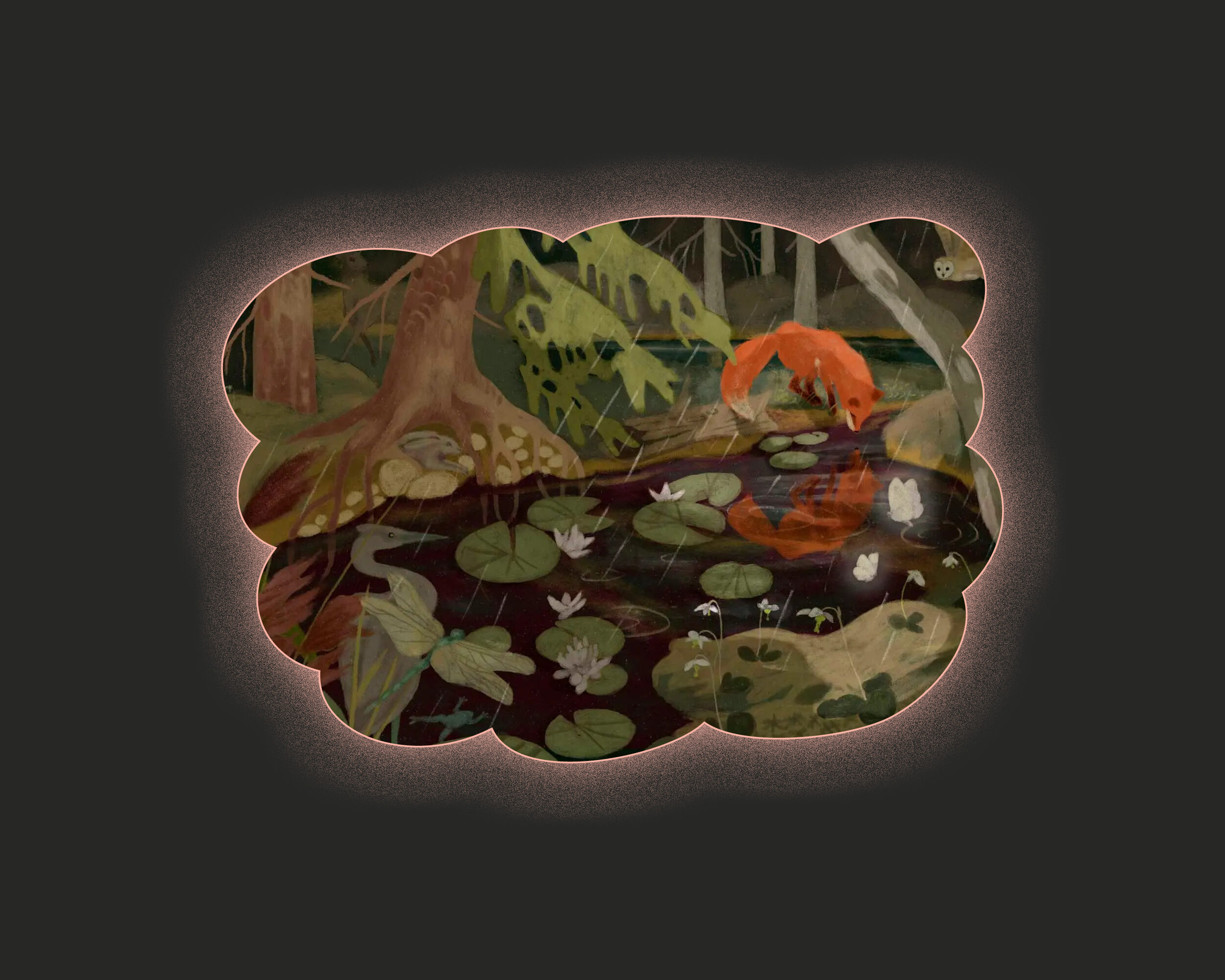 En illustrerad röd räv i skogen drickandes vid ett vattendrag.