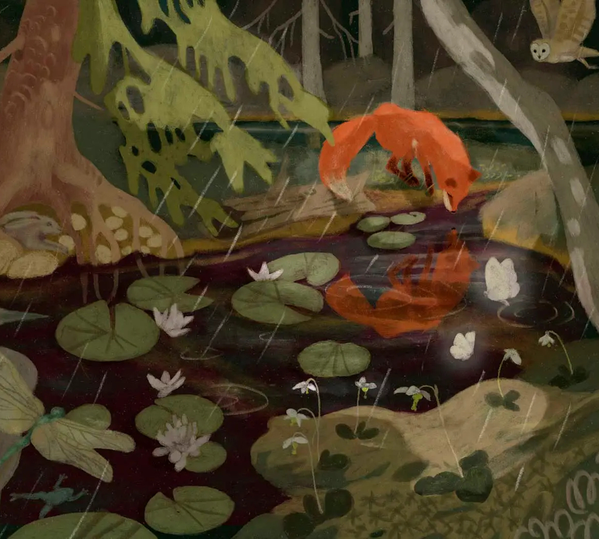 Illustration av en röd räv vid ett vattendrag i skogen.