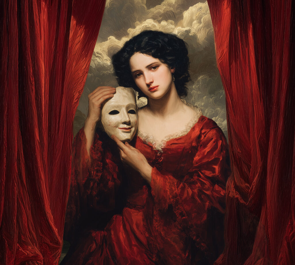 En ledsen och fashionabelt klädd kvinna från 1800-talet håller en glad venetiansk mask intill sitt ansikte.